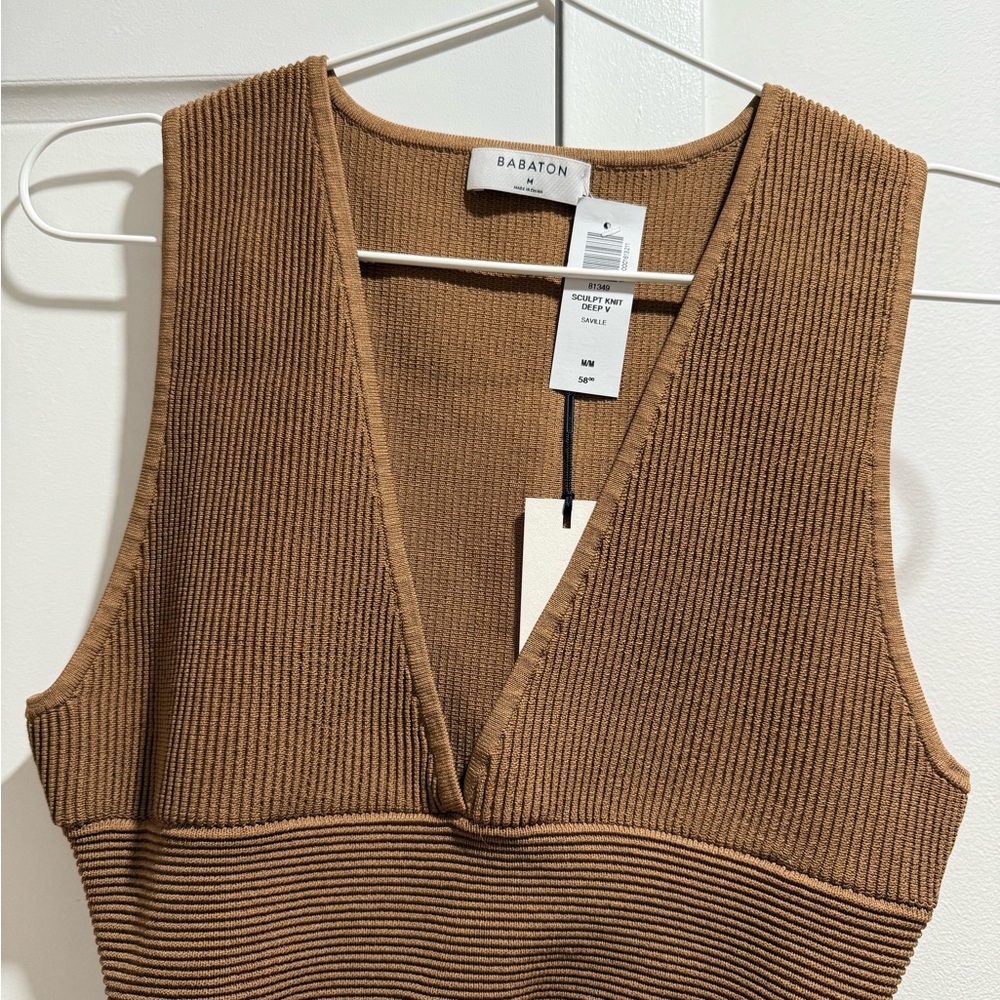 Babaton Tan Ribbed V-Neck Top